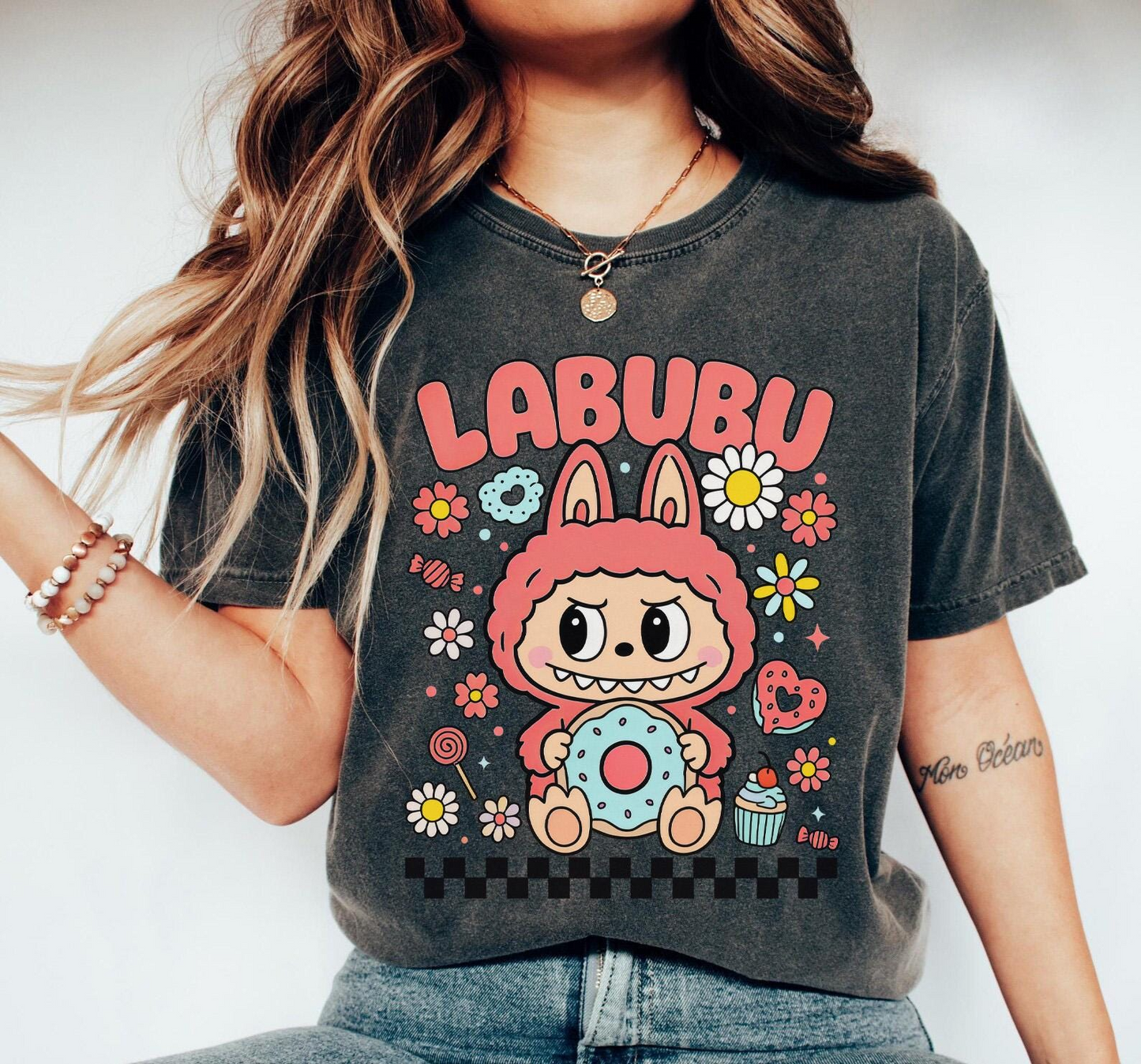 Floral Labubu Donut Shirt, Cartoon Character Shirt, Aesthetic Shirt, Anime Shirt, Labubu Gift Shirt, Daisy Labubu Shirt, Labubu Tee