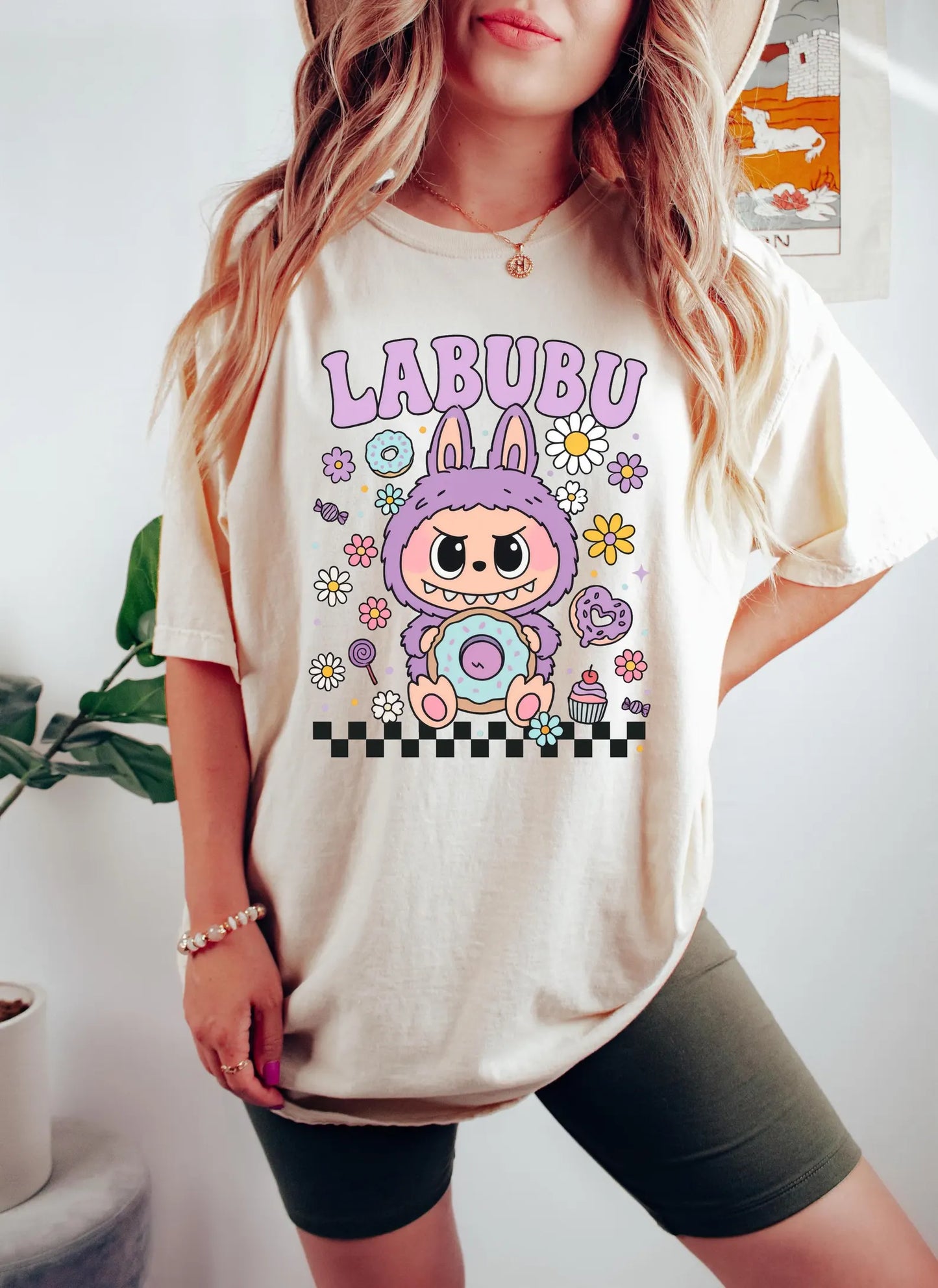 Labubu Shirt, Floral Labubu Donut Shirt, Pastel Cartoon Character Shirt, Cute Labubu Shirt, Labubu Gift, Cute Anime Gift Shirt