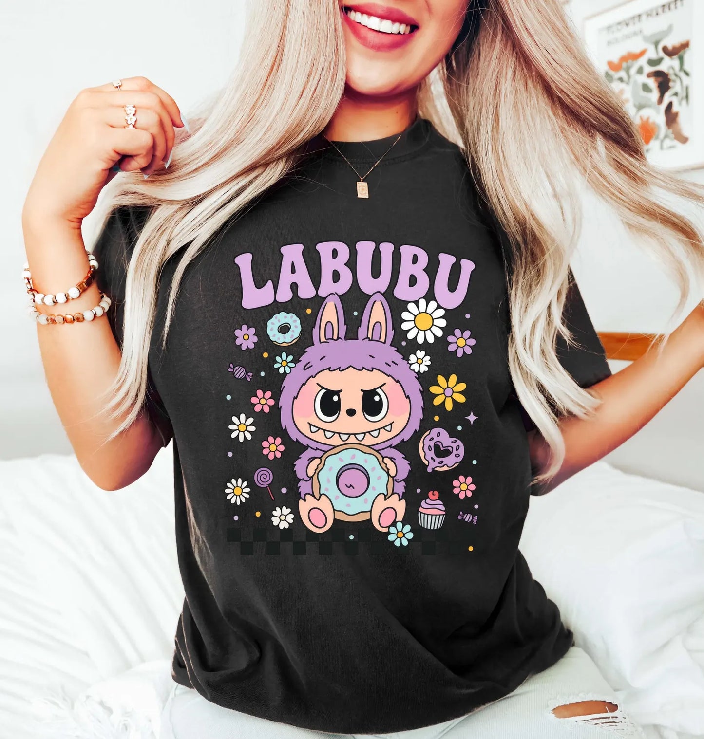 Labubu Shirt, Floral Labubu Donut Shirt, Pastel Cartoon Character Shirt, Cute Labubu Shirt, Labubu Gift, Cute Anime Gift Shirt