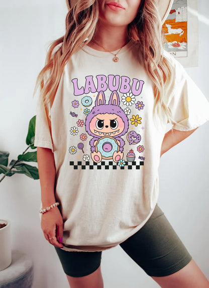 Labubu Shirt, Floral Labubu Donut Shirt, Pastel Cartoon Character Shirt, Cute Labubu Shirt, Labubu Gift, Cute Anime Gift Shirt