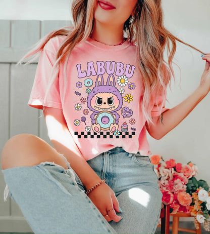 Labubu Shirt, Floral Labubu Donut Shirt, Pastel Cartoon Character Shirt, Cute Labubu Shirt, Labubu Gift, Cute Anime Gift Shirt
